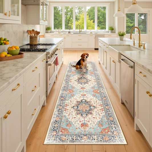 RELEANY Area Rugs Round 6ft Washable Non-Slip, Floral Vintage Distress Print Pattern Medallion Carpet for Living Room Bedroom Dining Room, Brick Red Rust Neutral Brown Burnt Orange Green - Colors C