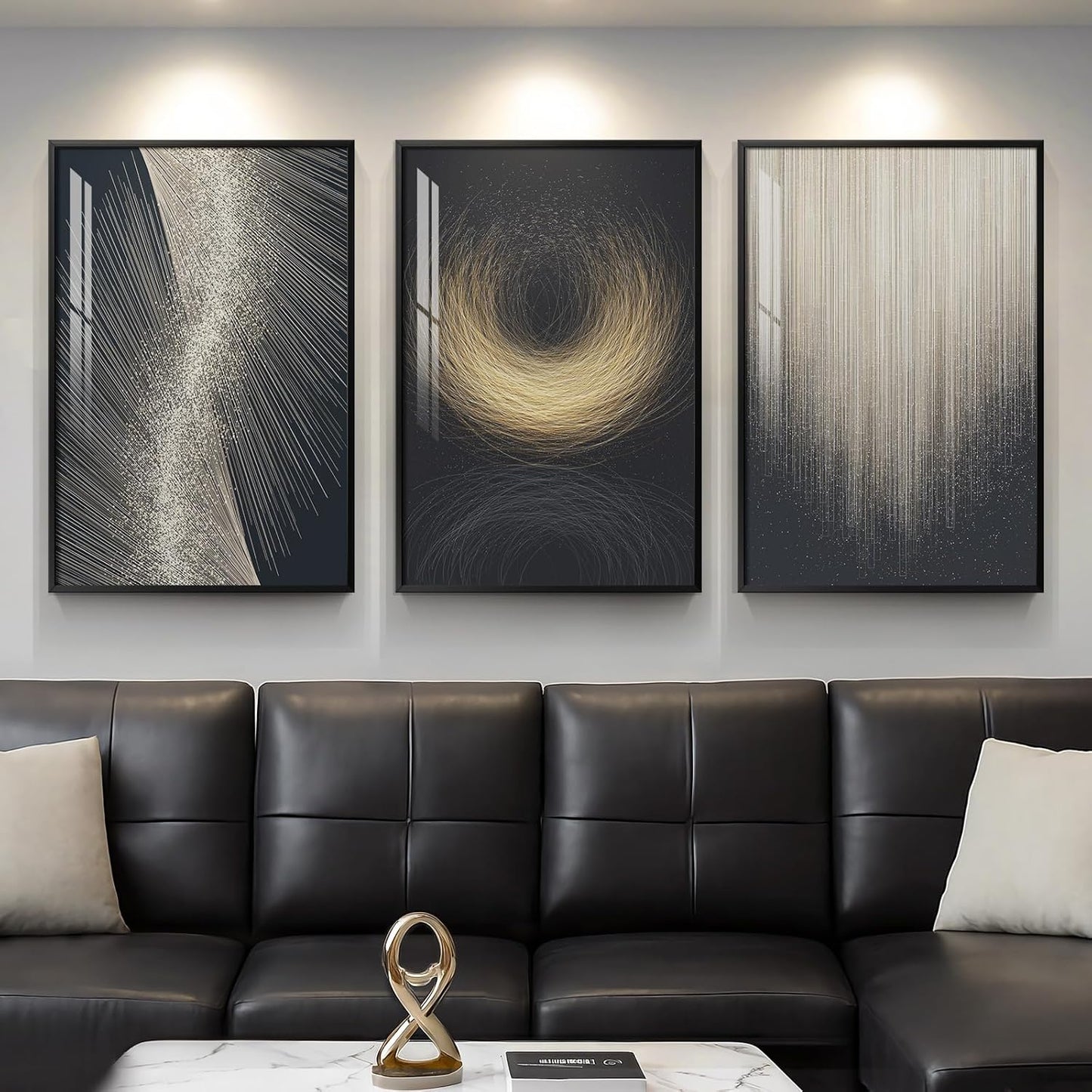 Framed Modern Luxury Gold Wall Art, Set of 3 Piece Contemporary Paintings Artwork for Walls, Golden Prints Pictures with Gold Frame, Wall Decor for Living Room, Hallway, Bedroom, Office 16x24 Inch