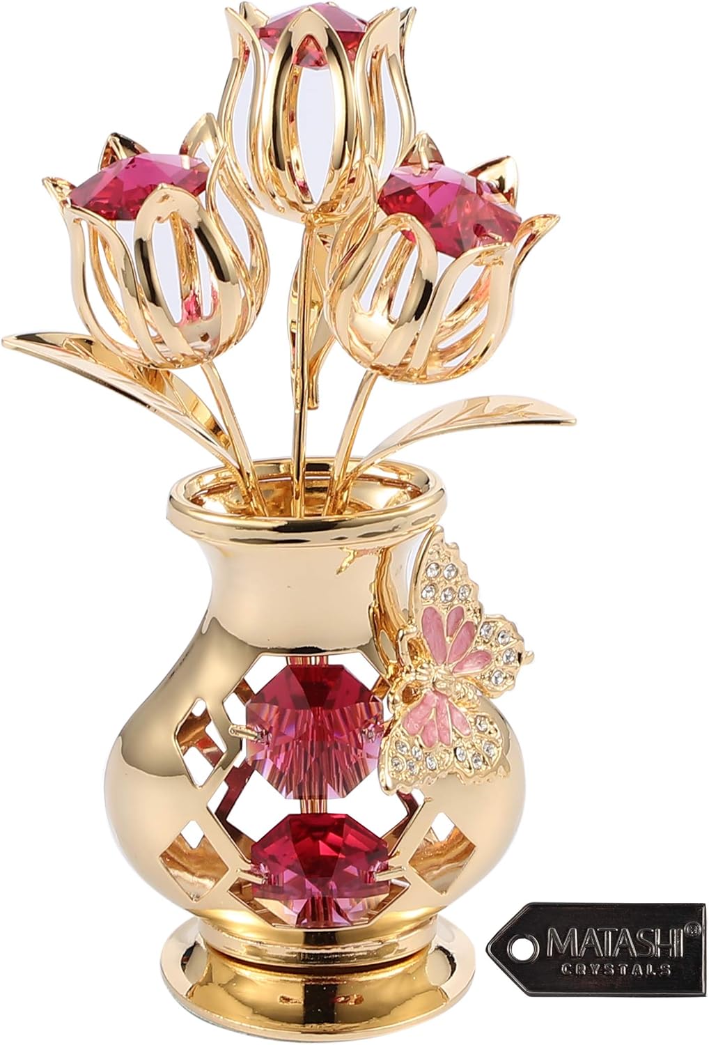 Matashi 24K Gold Plated Crystal Flower Figurine with Clear Crystals & Butterfly – Luxury Decorative Tulip Statue, Elegant Tabletop Home Décor, for Mother's Day, Valentine's Day, Christmas