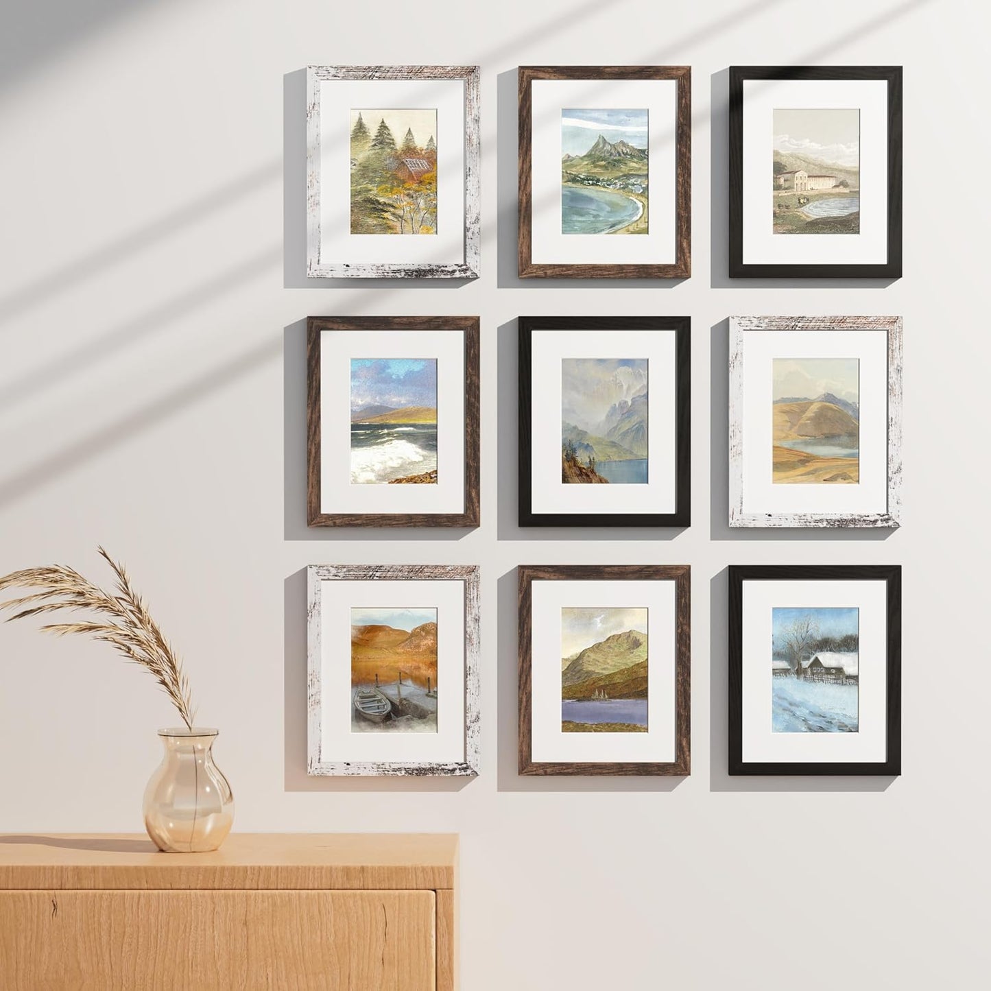 Vittanly 8x10 Picture Frames Set of 9, Shatter Resistant Plexiglass, Display 5x7 Pictures with Mat or 8x10 without Mat, Photo Frames for Wall or Tabletop, Engineered Wood, Black - Colors B