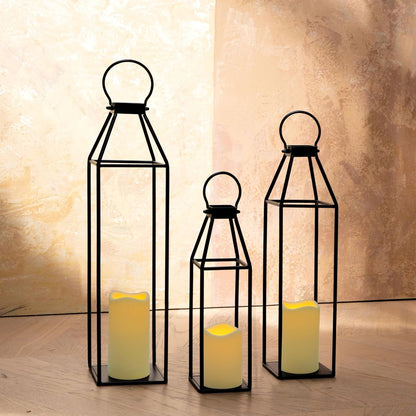 Perfnique Modern Farmhouse Lantern Decor, 15'' 13'' Set of 2 Black Metal Lantern, 2 LED 6hr Timer Flameless Candles ＆ Remote Timer, Lanterns Decorative for Outdoor, Home, Indoor, Patio, Christmas