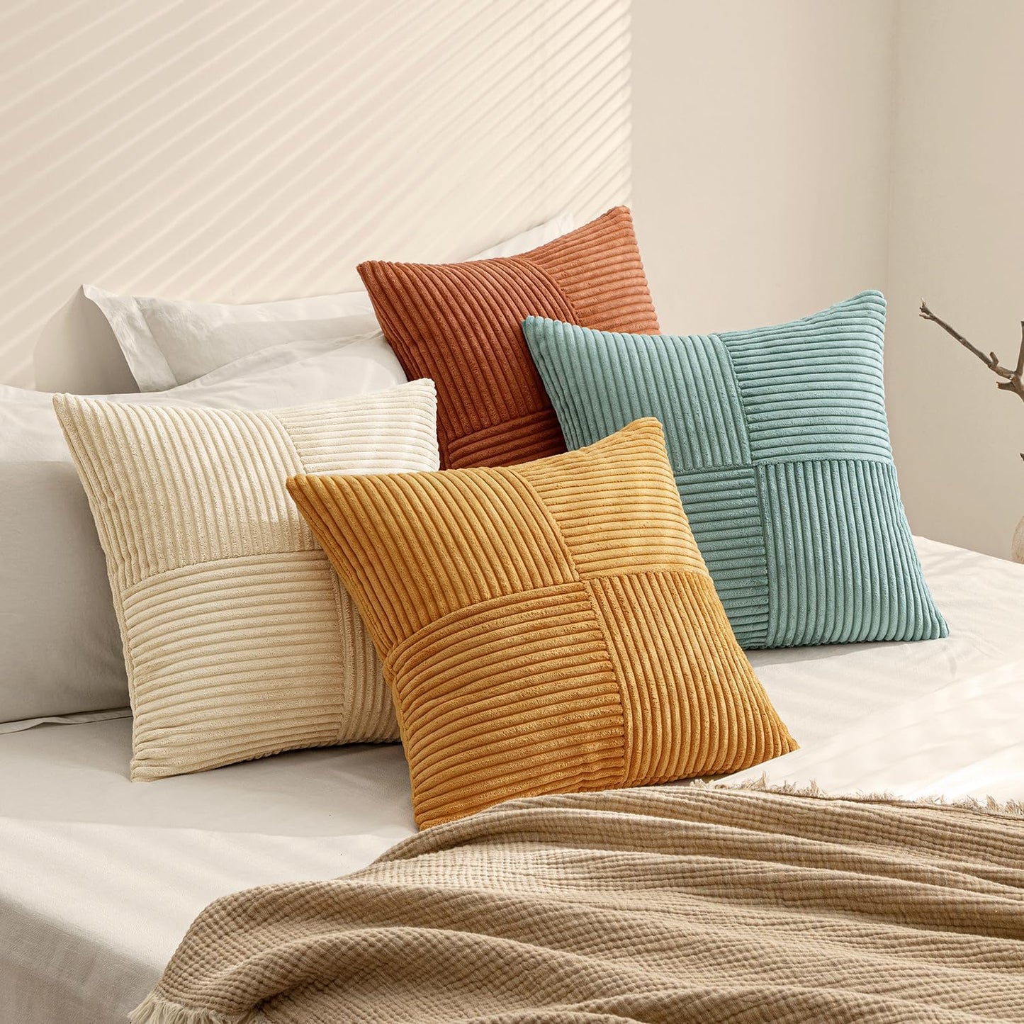 MIULEE Teal Orange Decorative Throw Pillow Covers 18x18 Inch Set of 4 Boho Corduroy Striped Cushion Cases Modern Farmhouse Patchwork Pillow Cases for Couch Sofa Bedroom Home Decor