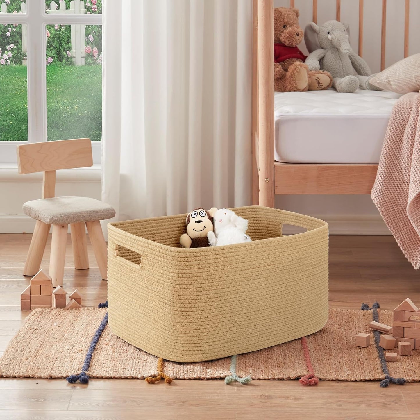 OIAHOMY 75L Large Woven Cotton Rope Storage Basket with Handle for Organizing Blanket and Toys for Living Room, Nursery, Brown Variegated 22”x17”x12”