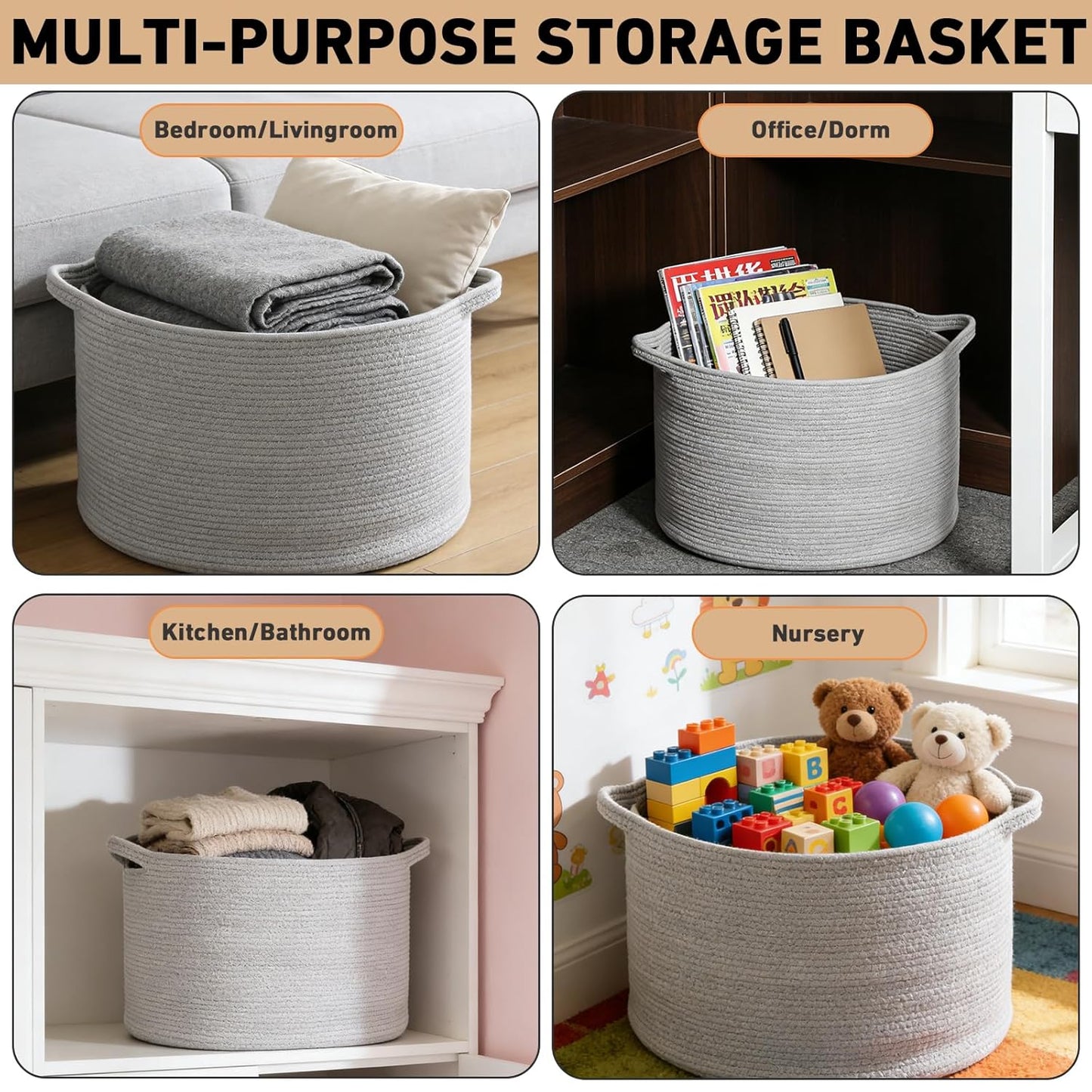 Large Woven Blanket Basket,65L Cotton Rope Laundry Basket Hamper with Handles, Decorative Nursery Basket Storage Bin for Toys, Clothes Organizer, Living Room, Bedroom, Bathroom, White & Brown