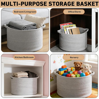 Large Woven Blanket Basket,65L Cotton Rope Laundry Basket Hamper with Handles, Decorative Nursery Basket Storage Bin for Toys, Clothes Organizer, Living Room, Bedroom, Bathroom, White & Brown