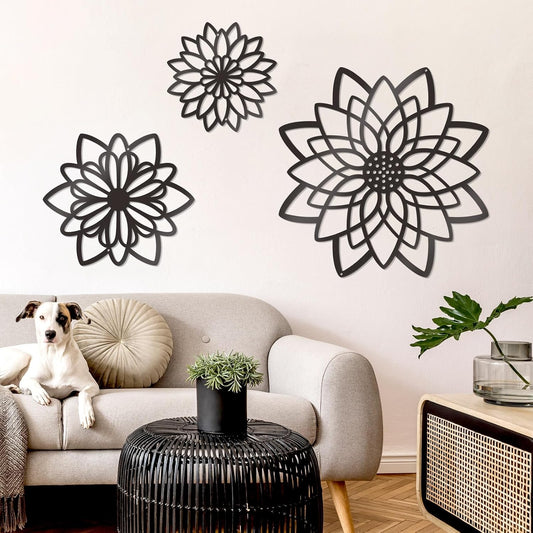 Zzbakress 3 Pieces Metal Flowers Wall Decor, Black Wall Decors, Flower Art Wall Decor Farmhouse Wall Decoration Multiple Flowers Hanging Decor for Bathroom Living Room Garden Office (Black Elegant)