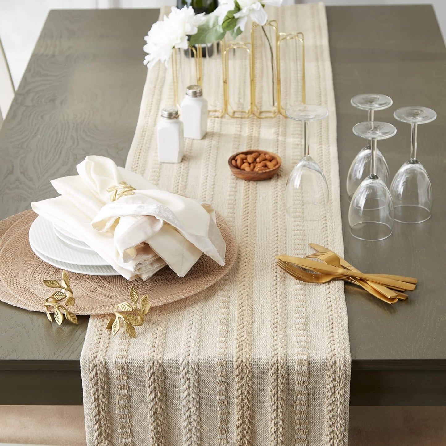 DII Farmhouse Braided Stripe Table Runner Collection, 15x72 (15x77, Fringe Included), Black