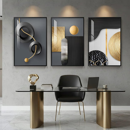 Framed Modern Luxury Gold Wall Art, Set of 3 Piece Contemporary Paintings Artwork for Walls, Golden Prints Pictures with Gold Frame, Wall Decor for Living Room, Hallway, Bedroom, Office 16x24 Inch
