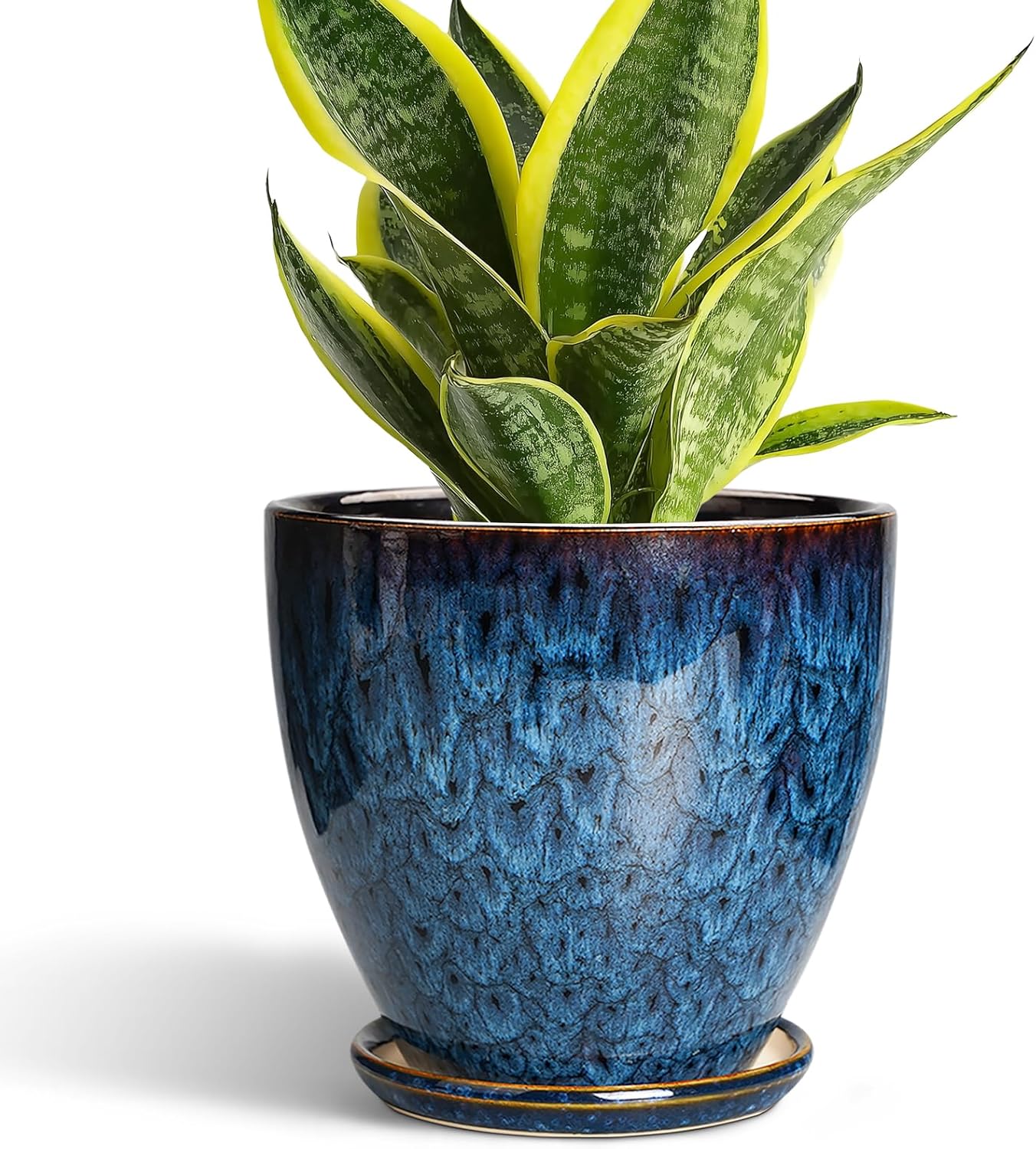 10 Inch Ceramic Planter Pot Round Plant Pot for Indoor Plants Outdoor Large Flower Pot with Drainage Hole and Saucer Blue