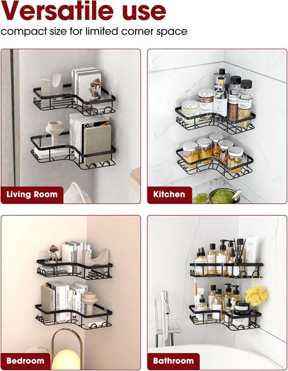 Sakugi Corner Shower Caddy - 2 Pack, Adhesive Shower Organizers, Rustproof Stainless Steel Shower Shelves with 8 Hooks, No Drilling Bathroom Organizers and Storage Racks, Space-Saving, Black, Medium