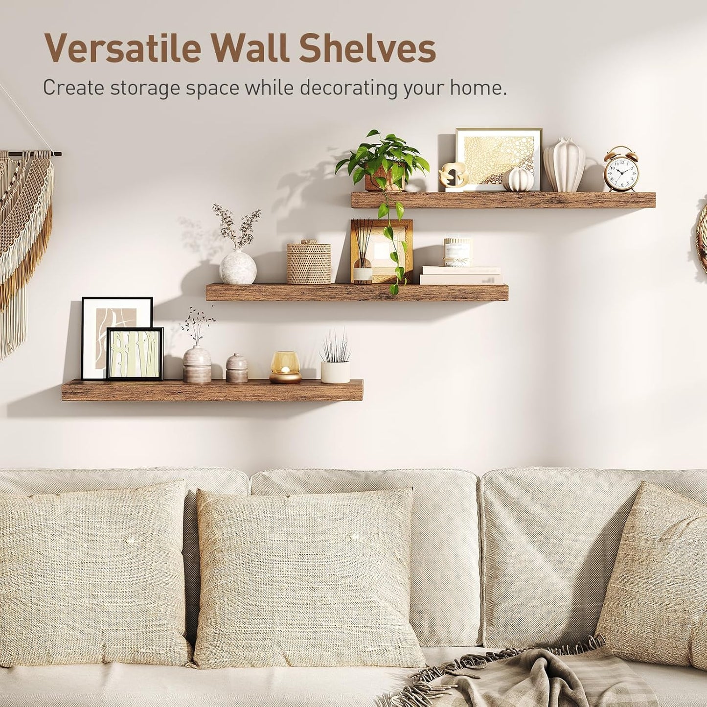 RALGEND Floating Shelves for Wall, 1.5" Thick Wall Shelf Set of 3 with Invisible Brackets, L31.5 x W7.9 Hanging Shelves Farmhouse Home Decor for Bathroom, Living Room, Bedroom, Rustic Brown 8301BJP3BF