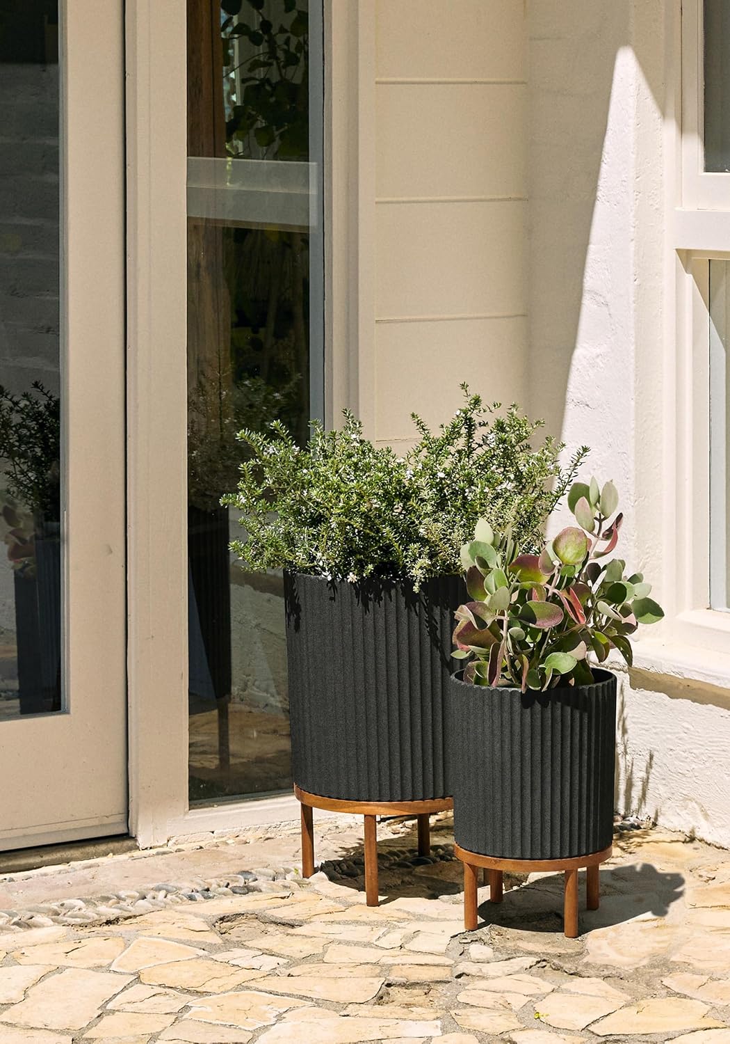 Veradek Demi Series Round Planter w/ Stand for Porch/Patio | Durable Plastic-Concrete & Wooden Stand | Modern Décor for Tall Plants, Flowers