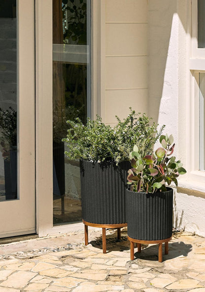 Veradek Demi Series Round Planter w/ Stand for Porch/Patio | Durable Plastic-Concrete & Wooden Stand | Modern Décor for Tall Plants, Flowers