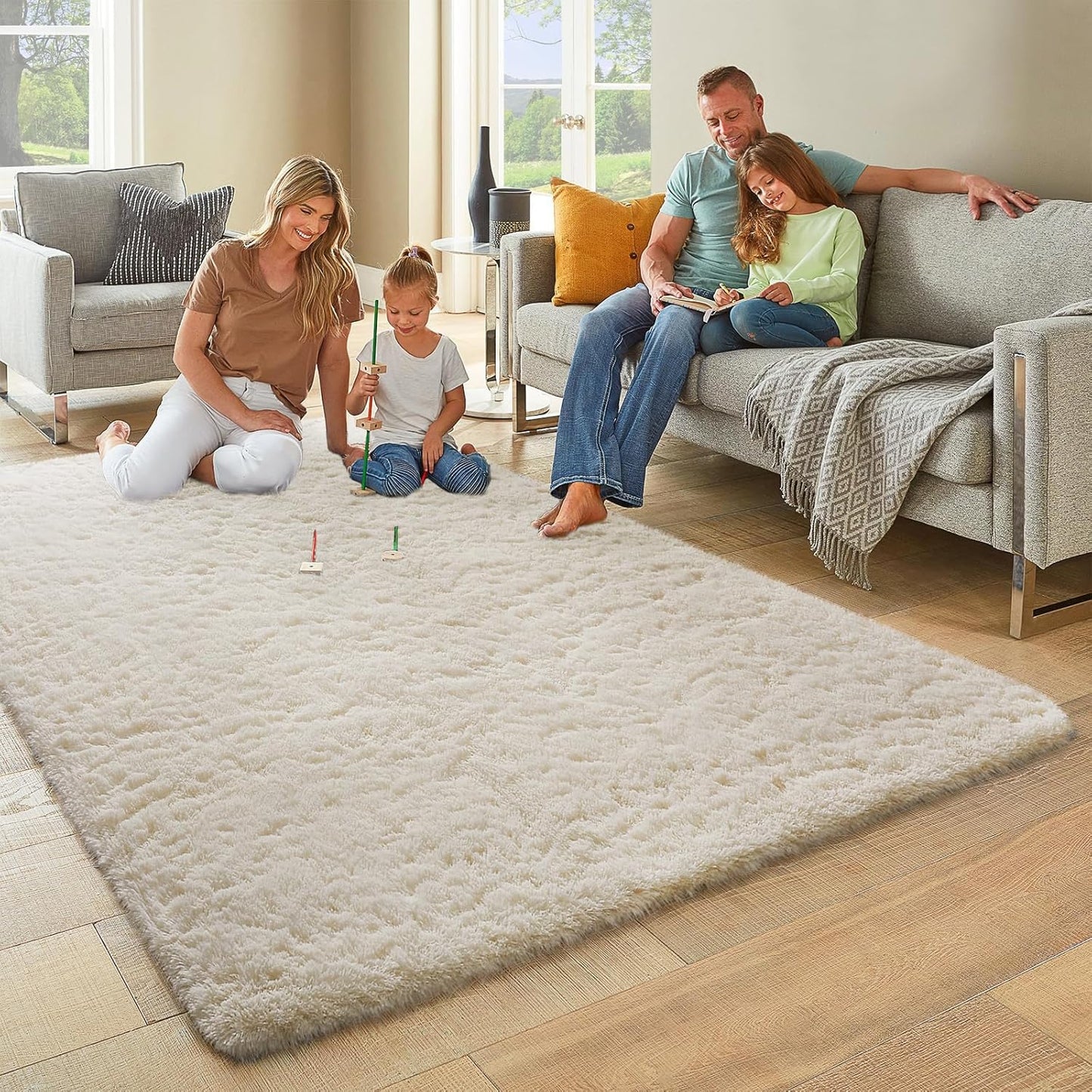 Ophanie Round Rugs 5Ft Ivory Circle Area Rug, Nursery Room Decor, Christmas Aesthetic Bedroom Home Circular Carpet 5 Foot, Fluffy Fuzzy Shag Plush Cream Living Room Rugs for Kids Boys Girls Teen Baby