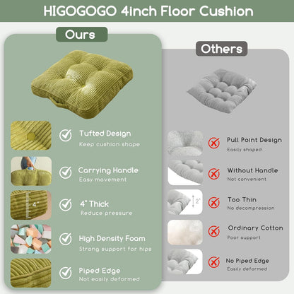HIGOGOGO 6" Extra Thick Floor Pillow Cushion for Adults, Meditation Cushion Pillow, Large Square Floor Sitting, Tufted Corduroy Cover, for Tatami Living Room or Yoga, 22x22 Inch, 2Pack, Dark Grey