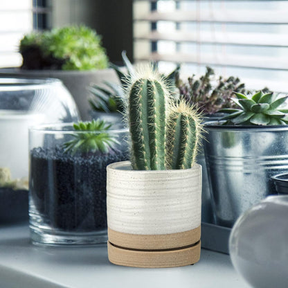 HERDUK 6 Inch Plant Pots, Ceramic Planter Pot with Drainage Hole & Saucer, Indoor/Outdoor Cylinder Round Planter Pot, Green & Beige