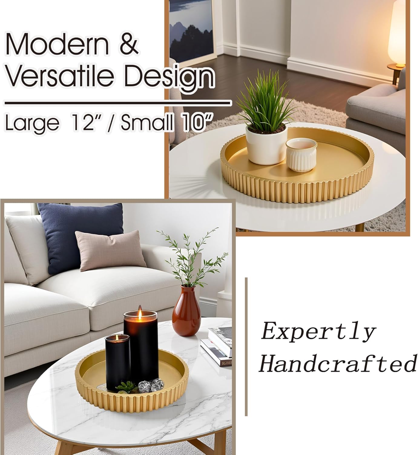 Modern Table Round Decorative Trays 2pcs Home Decor - Circle Coffee Table Centerpiece Set 12"/10" - Wooden Cool Grey Ottoman Tray with Fluted Edge