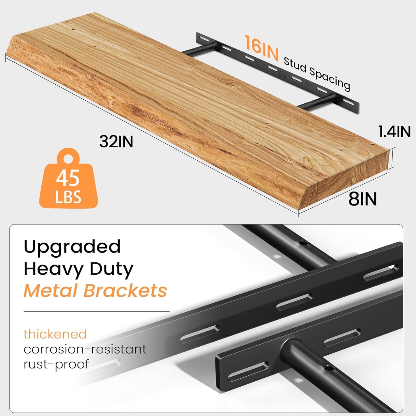 Floating Shelves 36 Inches Long - 8 Inch Deep Rustic Premium Solid Pine Wood for Storage - Farmhouse Wall Mounted for Living Room - Heavy-Duty Metal Bracket - 36" W x 8" D - Set of 2 - White Color