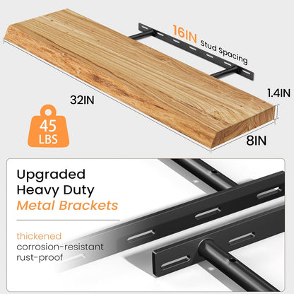 Floating Shelves 36 Inches Long - 8 Inch Deep Rustic Premium Solid Pine Wood for Storage - Farmhouse Wall Mounted for Living Room - Heavy-Duty Metal Bracket - 36" W x 8" D - Set of 2 - White Color