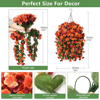 INQCMY Artificial Fake Hanging Plants Flowers Basket for Spring Summer Outdoor Outside Decoration,Faux Silk Begonia Flower in Planter Look Real UV Resistant for Home Porch Patio Balcony Yard Decor