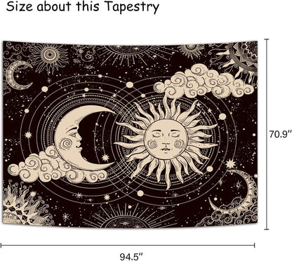 Wonrizon Sun and Moon Tapestry, Aesthetic Black Dark Spiritual Tapestries Mystic Burning Sun with Clouds Star Wall Hanging decor for Bedroom (51.2" x 59.1")