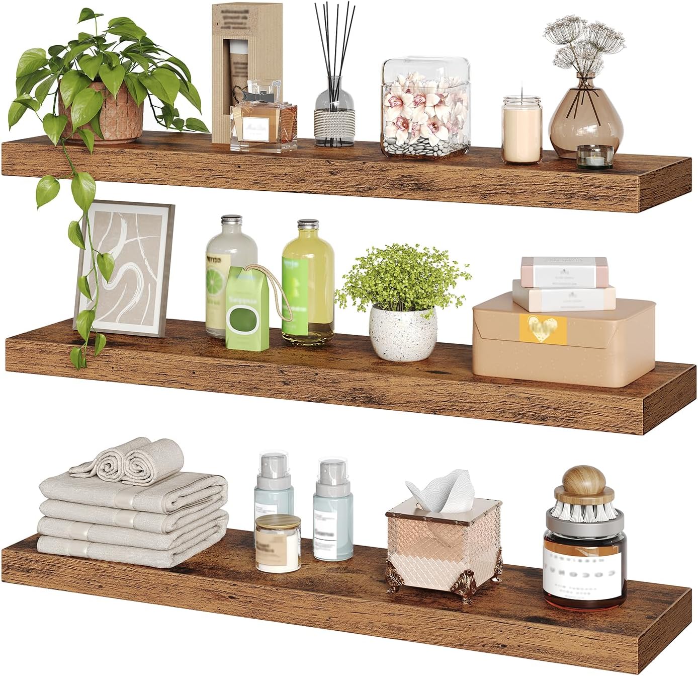 RALGEND Floating Shelves for Wall, 1.5" Thick Wall Shelf Set of 3 with Invisible Brackets, L31.5 x W7.9 Hanging Shelves Farmhouse Home Decor for Bathroom, Living Room, Bedroom, Rustic Brown 8301BJP3BF