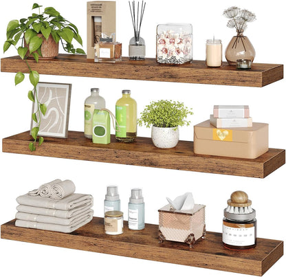 RALGEND Floating Shelves for Wall, 1.5" Thick Wall Shelf Set of 3 with Invisible Brackets, L31.5 x W7.9 Hanging Shelves Farmhouse Home Decor for Bathroom, Living Room, Bedroom, Rustic Brown 8301BJP3BF