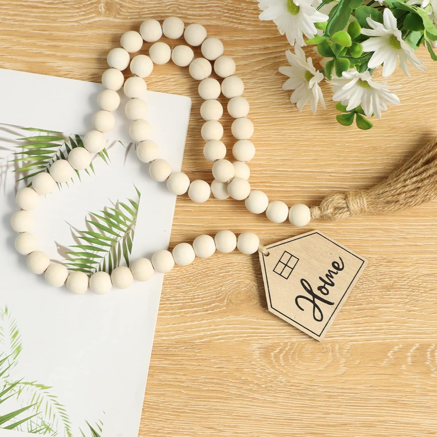 Meplait Love Wooden Bead Garland with Tassel, Decorative Beads Home Decor Farmhouse Tassel Garland Boho Decor for Tiered Tray（38in）