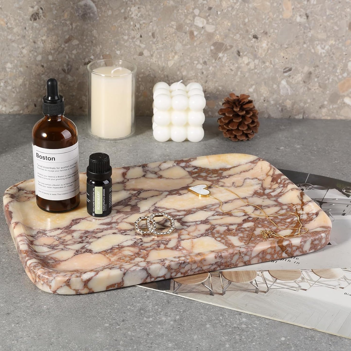 Marble Vanity Tray for Dresser Organizer, Travertine Bathroom Tray Countertop, Beige Decorative Serving Trays, Kitchen Sink Storage, Jewelry & Perfume Holder(Travertino Romano)