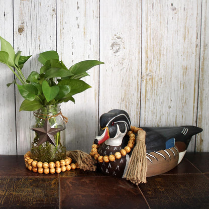 CVHOMEDECO. Wood Beads Garland with Tassels Farmhouse Rustic Wooden Prayer Bead String Wall Hanging Accent for Home Festival Decor. Mix Distressed