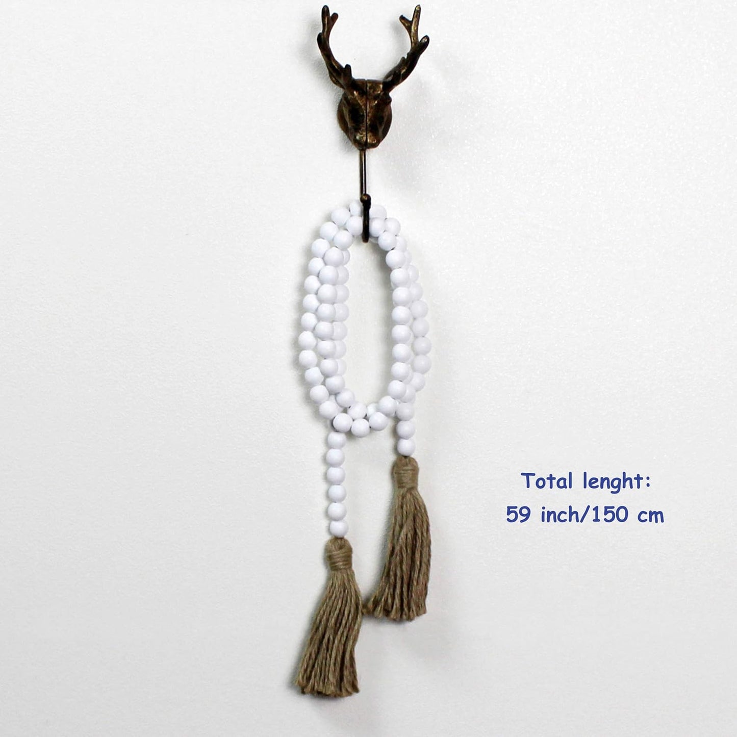 CVHOMEDECO. Wood Beads Garland with Tassels Farmhouse Rustic Wooden Prayer Bead String Wall Hanging Accent for Home Festival Decor. Mix Distressed