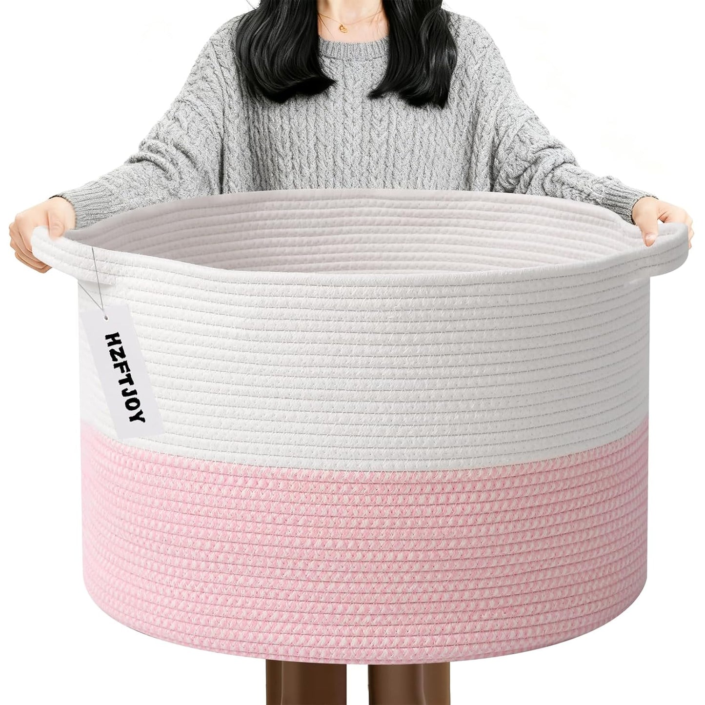 Large Woven Blanket Basket,65L Cotton Rope Laundry Basket Hamper with Handles, Decorative Nursery Basket Storage Bin for Toys, Clothes Organizer, Living Room, Bedroom, Bathroom, White & Brown