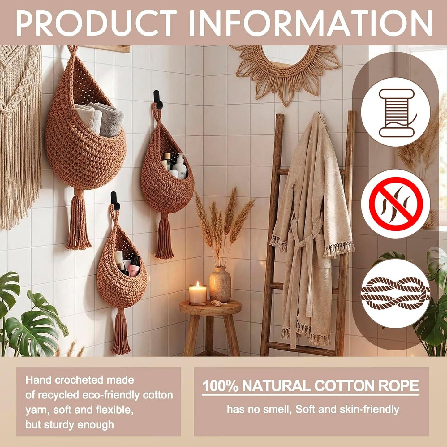 Honeydak Boho Decor Hanging Wall Baskets for Kitchen 3 Pack Teardrop Baskets with Hooks Storage Fruit Onion Vegetable Potato for Home 3 Sizes(Linen,Teardrop,Jute)