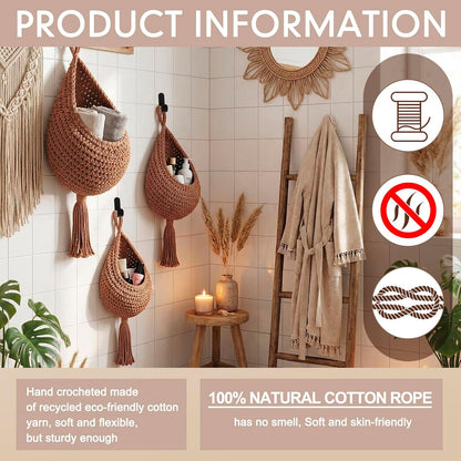 Honeydak Boho Decor Hanging Wall Baskets for Kitchen 3 Pack Teardrop Baskets with Hooks Storage Fruit Onion Vegetable Potato for Home 3 Sizes(Linen,Teardrop,Jute)
