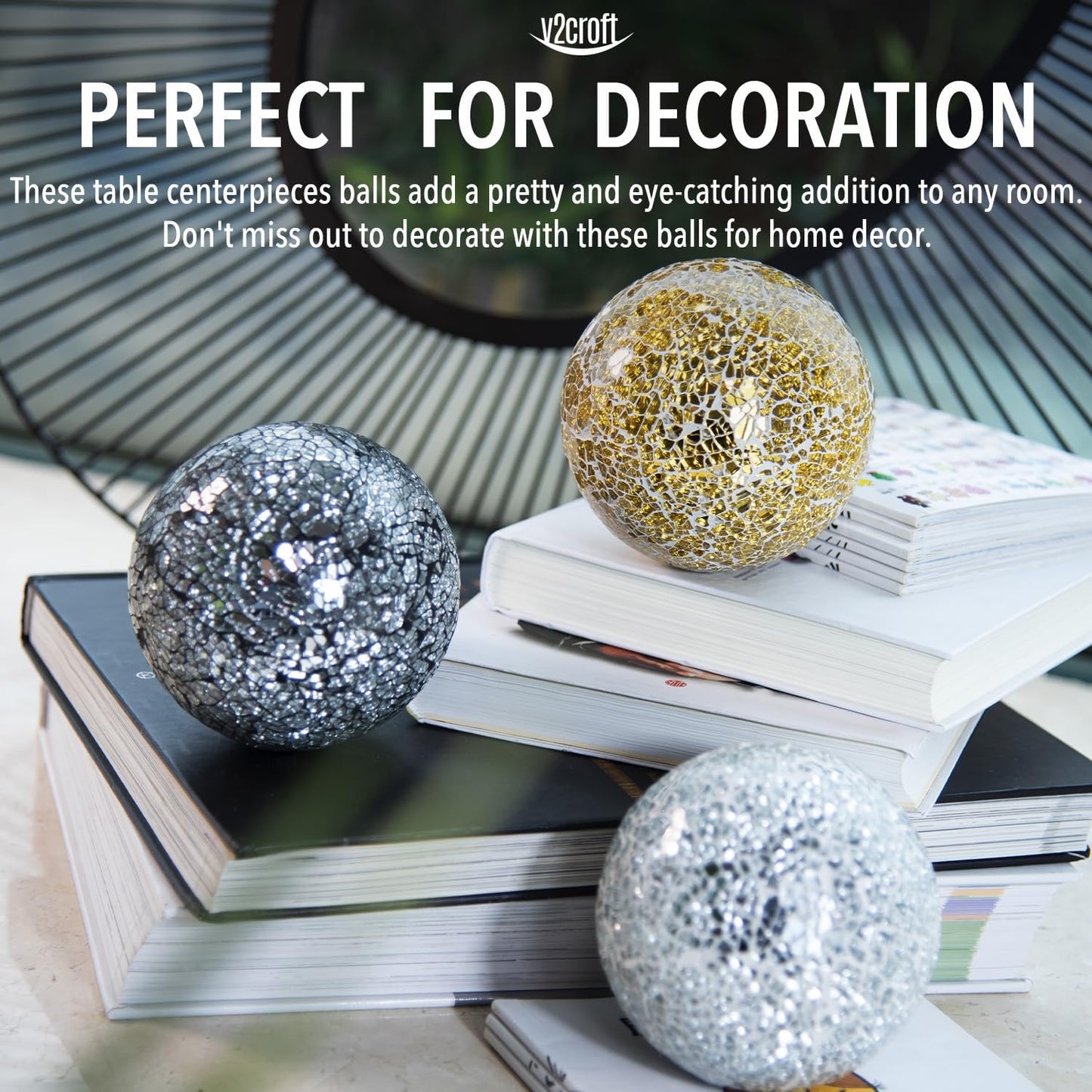 4in Decorative Mosaic Sphere Orbs Set of 3, Glass Balls for Whole Housewares,Wedding/Birthday,Bowls,Vases Dining Table Centerpieces(Silver,Black,Blue)