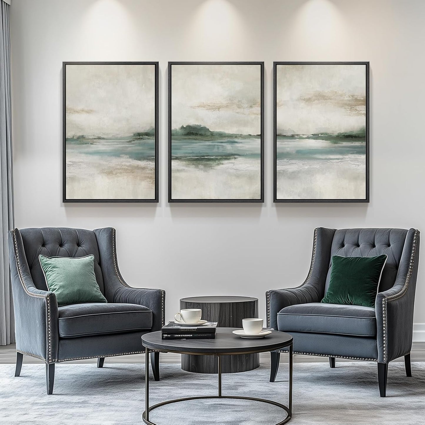 Large Framed Abstract Nature Landscape Wall Art for Living Room, Set of 3 Modern Canvas Prints Paintings Artwork for Walls, Green Lake Pictures for Hallway, Dining Room, Office Wall Decor 24x36 Inch