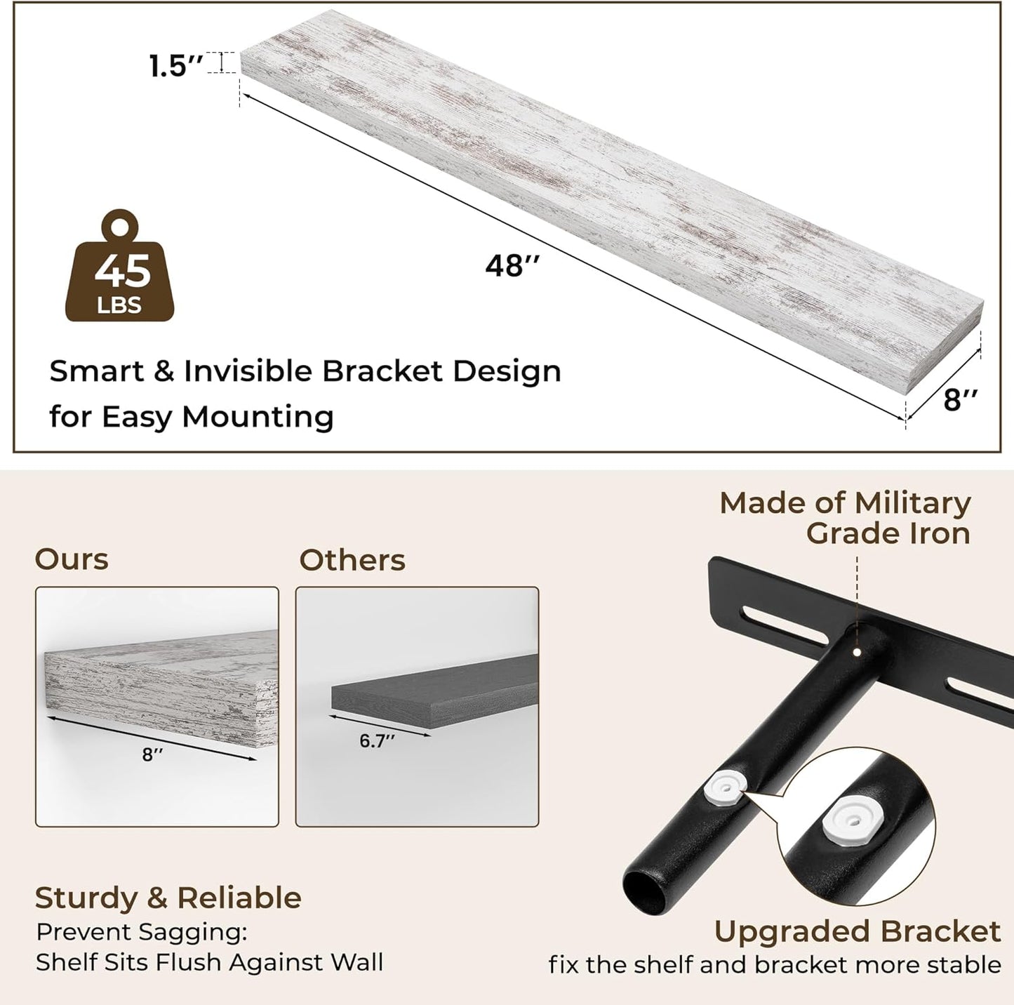RICHFOCUS 72Inch Floating Shelves for Wall 2 Pack Shelves for Bedroom|Kitchen|Bathroom Wall Mounted Rustic Wood Floating Shelf with Invisible Brackets for Books|Storage|Decor, Rustic Brown