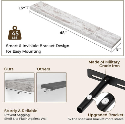 RICHFOCUS 72Inch Floating Shelves for Wall 2 Pack Shelves for Bedroom|Kitchen|Bathroom Wall Mounted Rustic Wood Floating Shelf with Invisible Brackets for Books|Storage|Decor, Rustic Brown