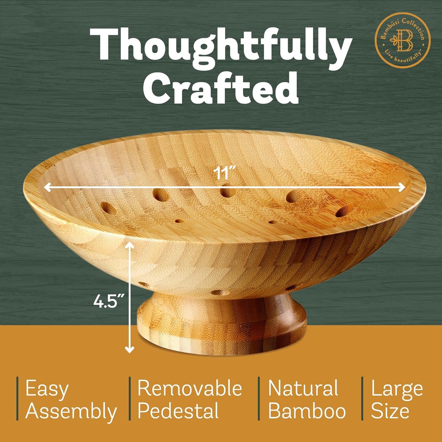 Fruit Basket for Kitchen Counter - Fruit Bowl for Kitchen Counter, Bamboo Pedestal Fruit Basket with Ventilation Holes, Wooden Fruit Bowl for Fruit and Vegetable Storage, Decorative Frutero for Cocina