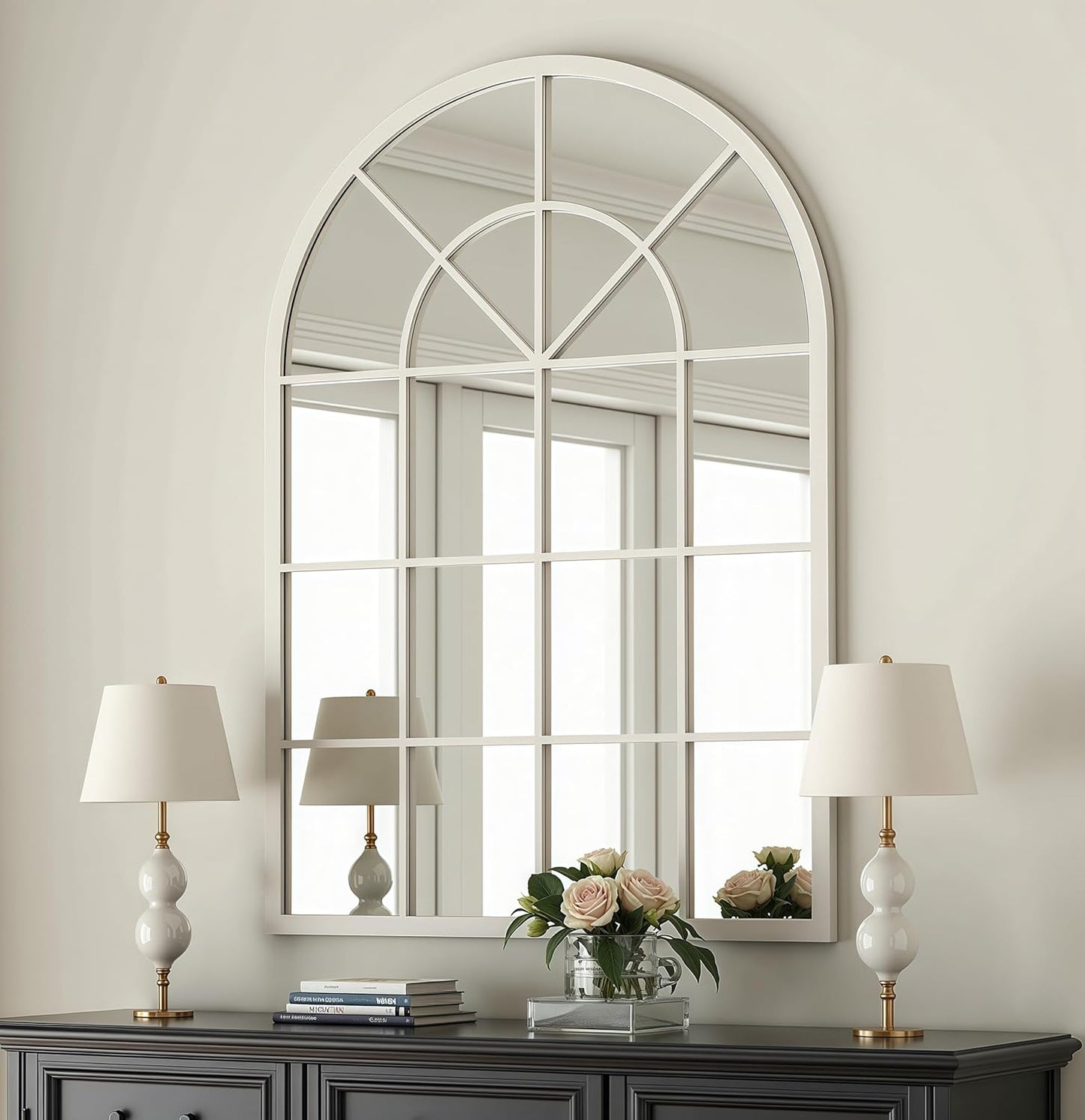 Dewfig 65"x 22" Arched Window pane Full Length Mirror, Wall Mirror, Floor Standing Mirrors, Farmhouse Long Full Body Mirrors Wall Mounted for Living Room, Bedroom, Entryway, Fireplace, Black