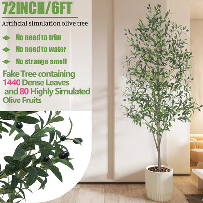 Artificial Olive Tree with White Pot,6FT high, Fake Tree containing 1440 Dense Leaves and 80 Highly Simulated Olive Fruits, Suitable for Home Office Living Room Floor Decoration