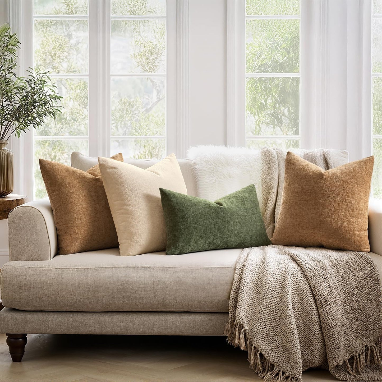 MIULEE Olive Green Couch Pillow Covers 18x18 Inch, Set of 2 Soft Chenille Decorative Square Throw Pillow Covers Farmhouse for Sofa Living Room Bed