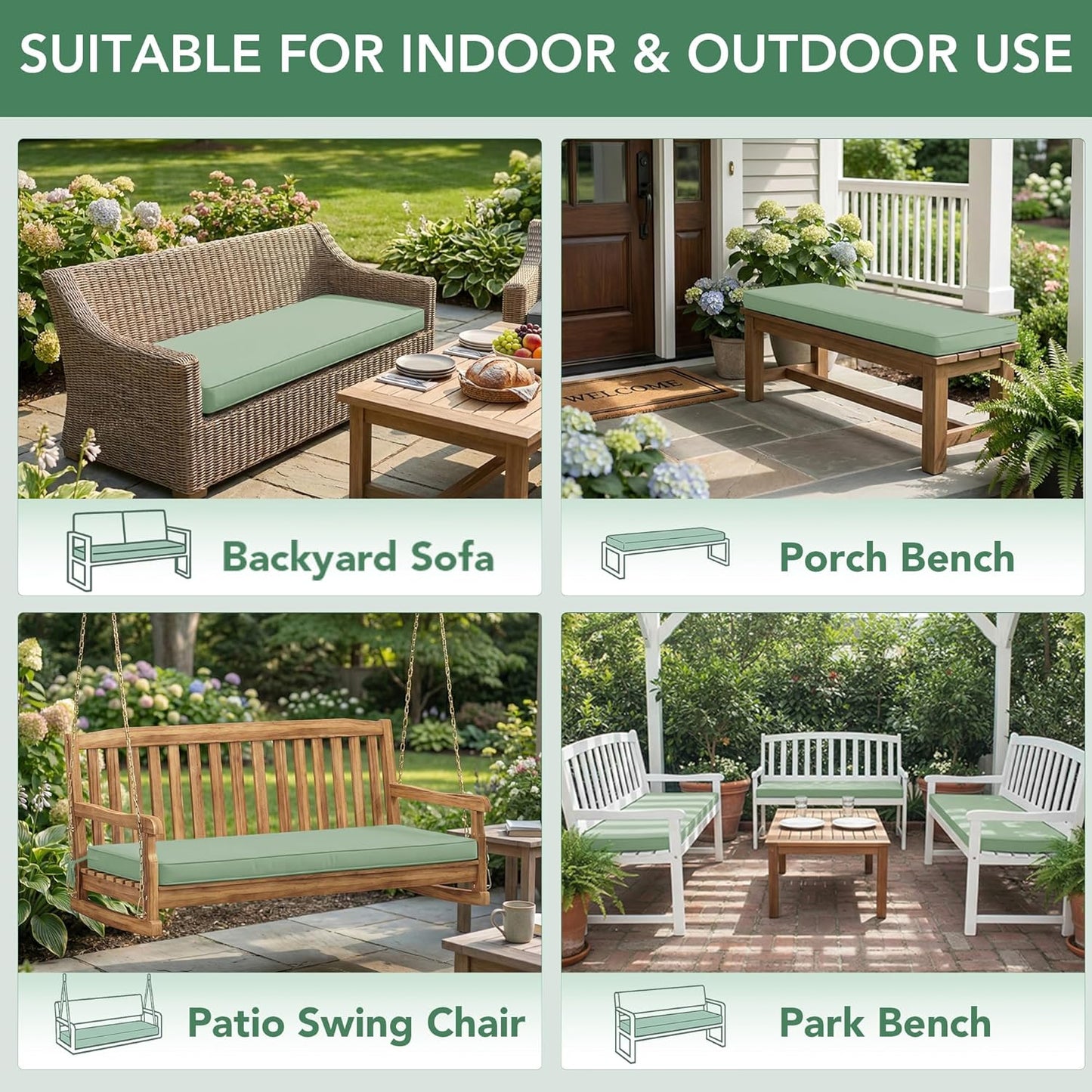 Summsun Outdoor Bench Cushion: Waterproof and Fade Resistant Patio Furniture Cushions - Non-Slip Bench Pad Cushion with Removable Cover for Garden Swing Porch Sofa Settee, 48 x 18 x 3 Inch, Black