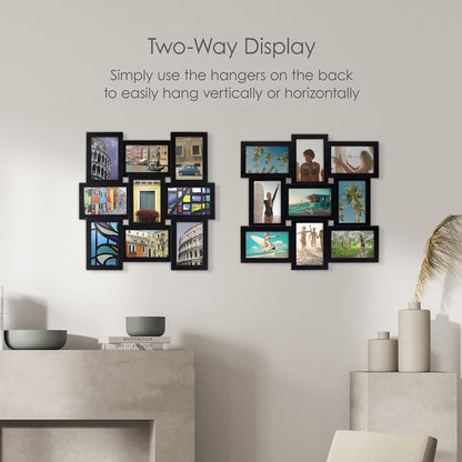 MELANNCO Collage Picture Frame for Wall, Holds 12 Photos - Six 4x6 and Six 6x4 Images, 18x23 Inch Black Plastic Frame, Hang Horizontal or Vertical, Gallery Wall Decor
