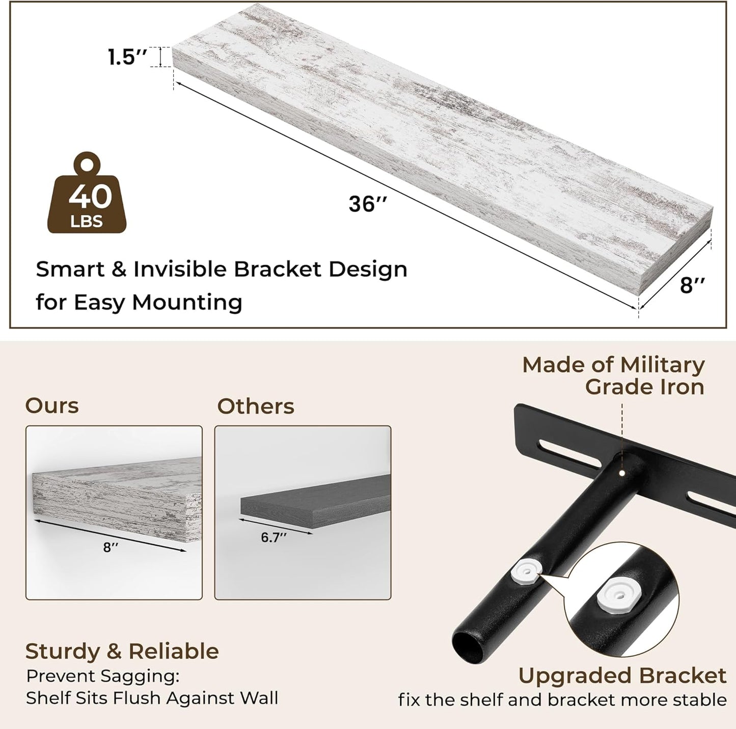 RICHFOCUS 72Inch Floating Shelves for Wall 2 Pack Shelves for Bedroom|Kitchen|Bathroom Wall Mounted Rustic Wood Floating Shelf with Invisible Brackets for Books|Storage|Decor, Rustic Brown