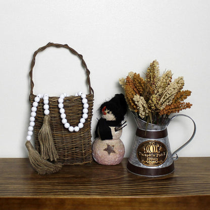 CVHOMEDECO. Wood Beads Garland with Tassels Farmhouse Rustic Wooden Prayer Bead String Wall Hanging Accent for Home Festival Decor. Mix Distressed