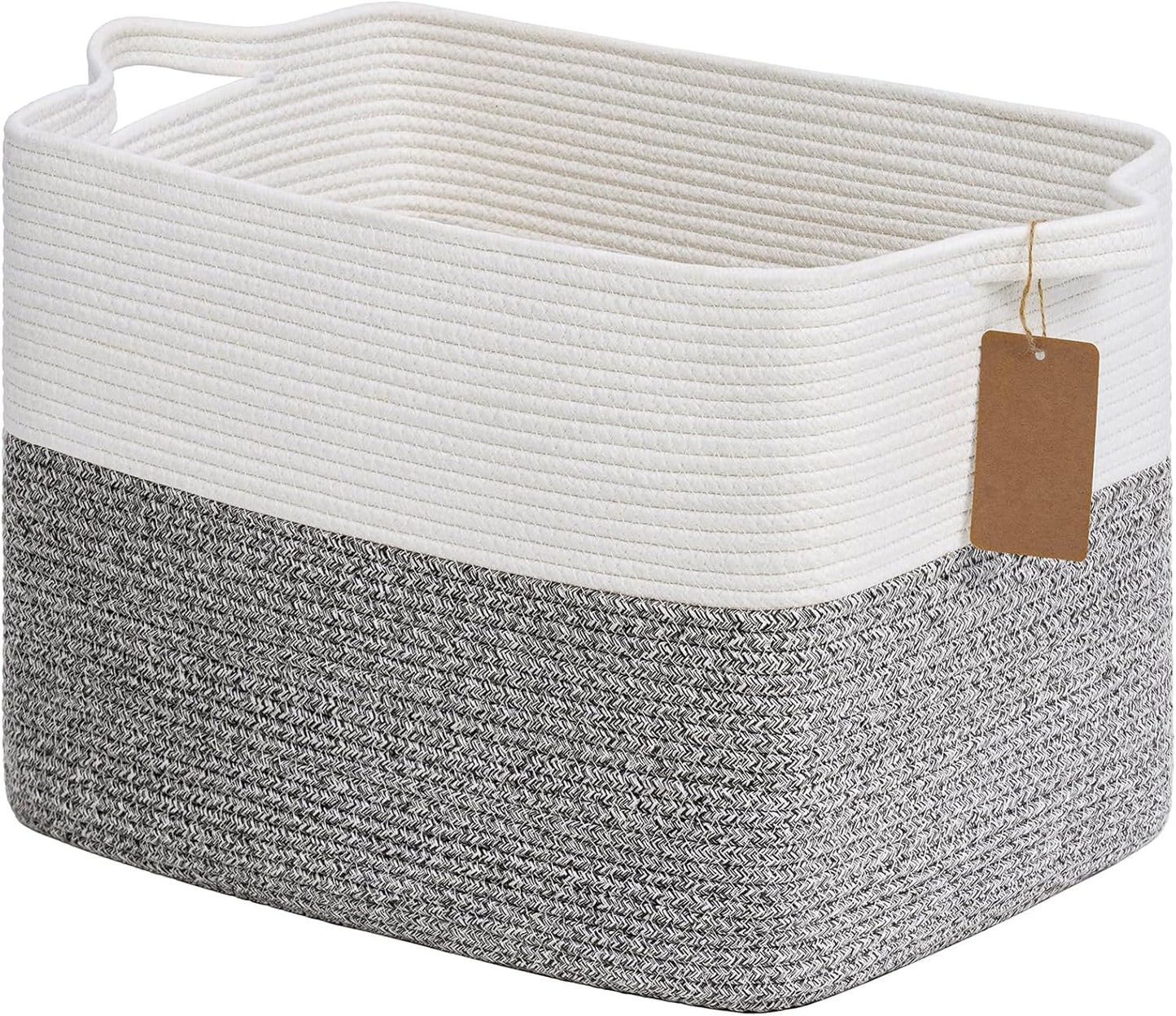 Goodpick Woven Storage Basket, Cotton Rope Basket for Dog Toys, Books, Stylish Gift Basket with Handles, 13 x 10 x 9 Inches Square Baskets for Organizing, Brown and White