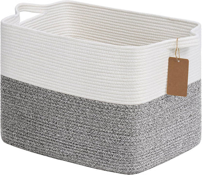 Goodpick Woven Storage Basket, Cotton Rope Basket for Dog Toys, Books, Stylish Gift Basket with Handles, 13 x 10 x 9 Inches Square Baskets for Organizing, Brown and White