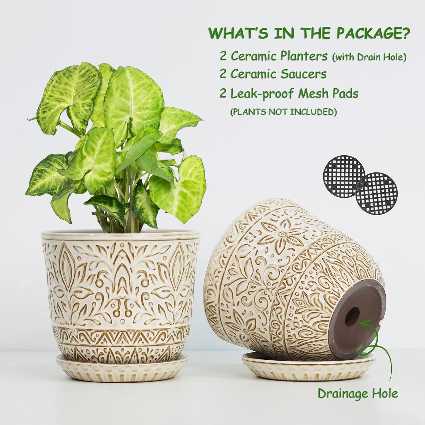 Gepege 6 Inch Beaded Ceramic Planter Set of 2 with Drainage Hole and Saucer for Plants, Indoor-Outdoor Large Round Succulent Orchid Flower Pot (Smoked Gray, Inner-pots not Larger Than 5 Inch)