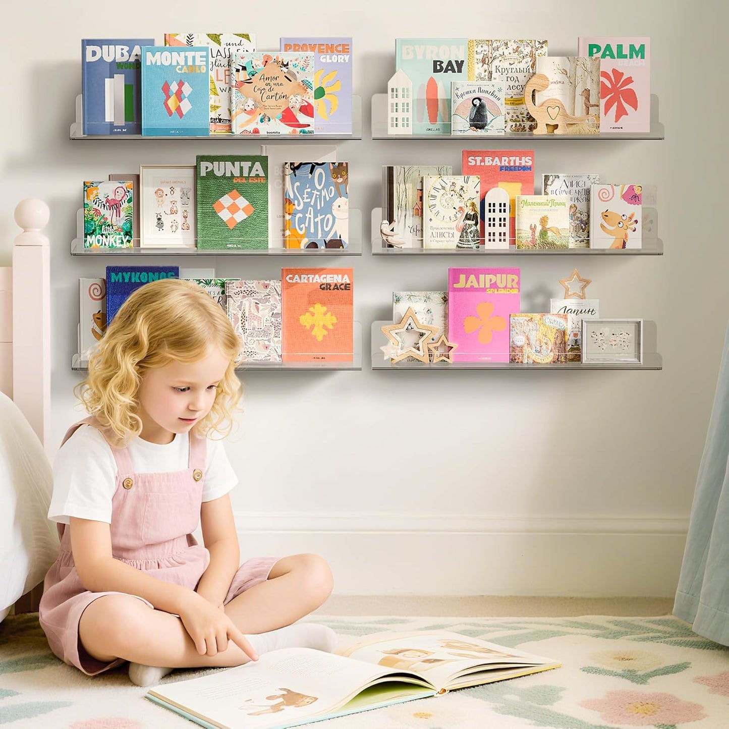 upsimples 6 Pack Acrylic Shelves for Wall Storage, 15" x 4“ Floating Bookshelves for Kids, Display Shelf Organizer for Bathroom, Bedroom, Living Room, Kitchen, Room Decor, Clear